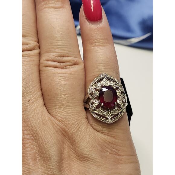 Estate diamond & Ruby Ring 925 Sterling Silver Cluster Ring Siz 7 - Picture 6 of 6